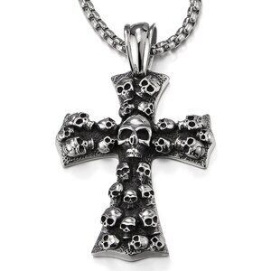 Mens Gothic Skull Cross Pendant Necklace Stainless Steel Wheat Chain